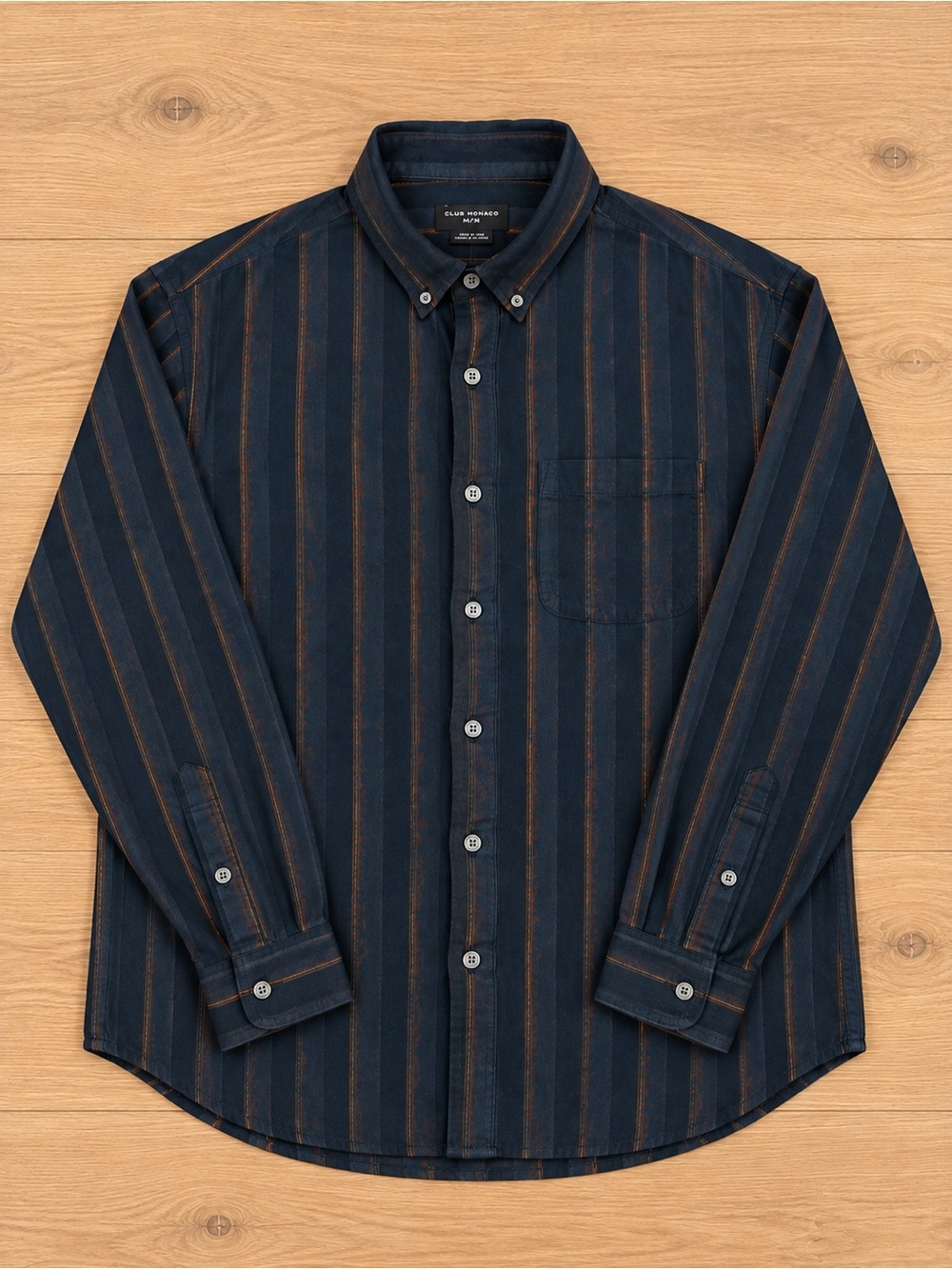 Club Monaco Men’s Striped Button Down Shirt Navy Brown Size M